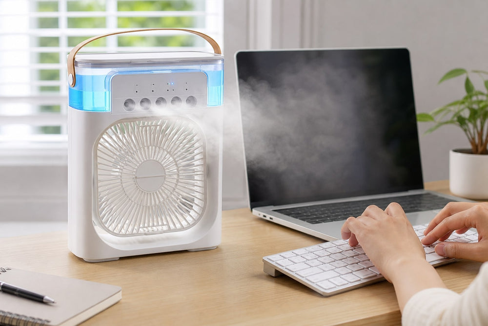 MistBreeze desk fan on modern office workspace