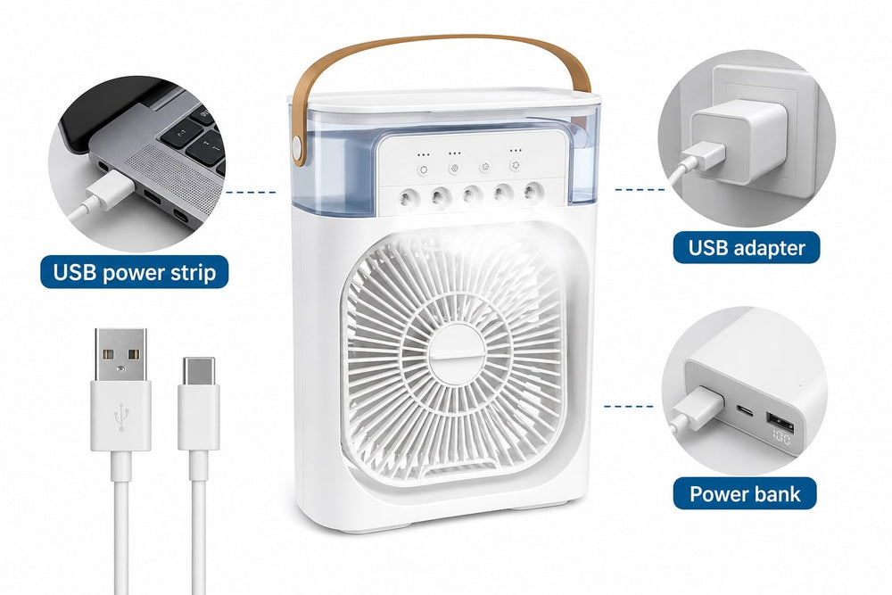 MistBreeze USB powered desk fan adapter and power bank