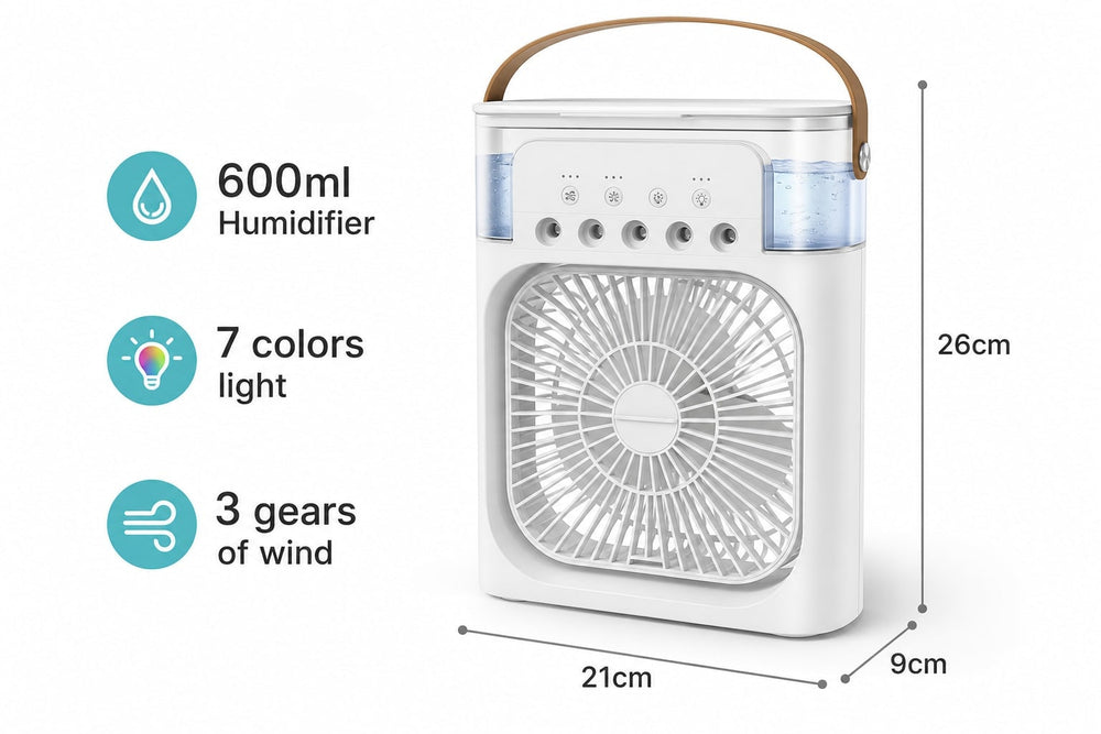 MistBreeze white desk fan 600ml 7-color LED specs