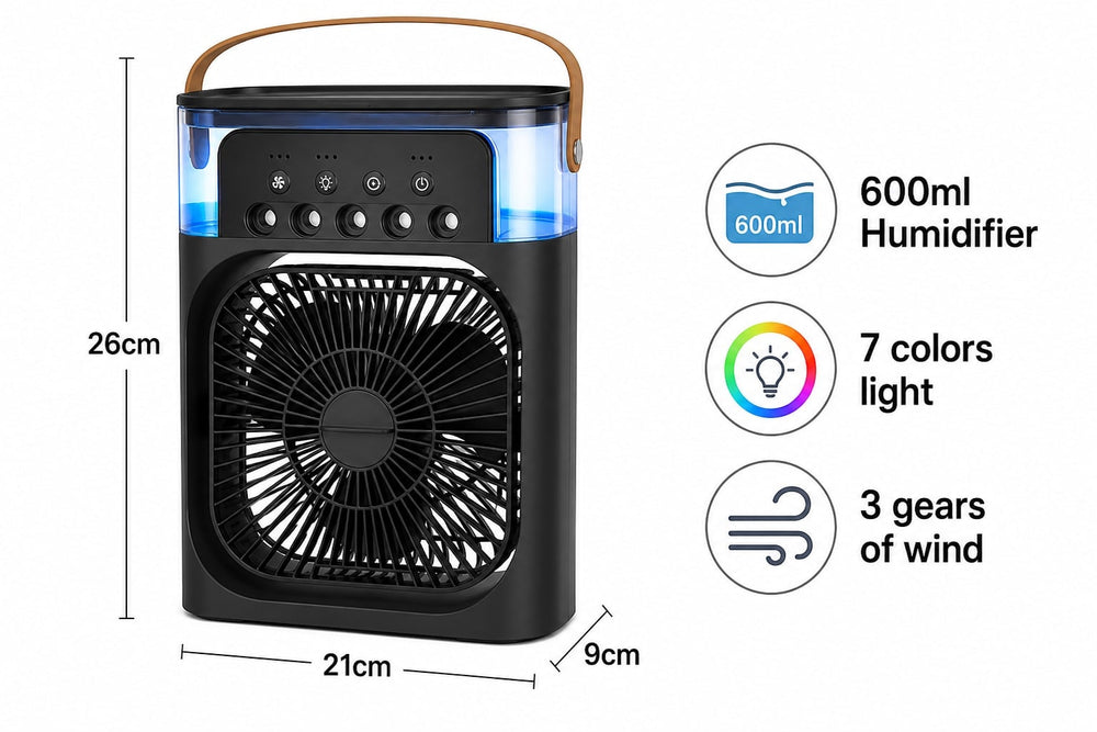 MistBreeze black desk fan 600ml 7-color LED specs