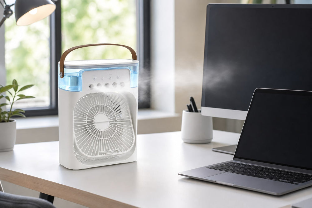 MistBreeze desk fan on modern workspace lifestyle